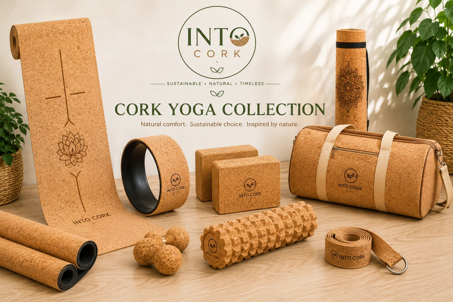 Into Cork yoga collection including cork mats, blocks, wheel and wellness accessories